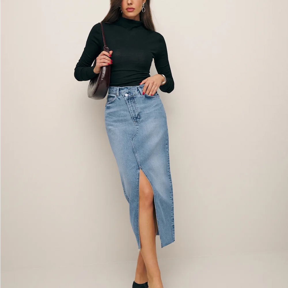 Reformation Blue Denim Maxi Skirt with Asymmetrical Zipper